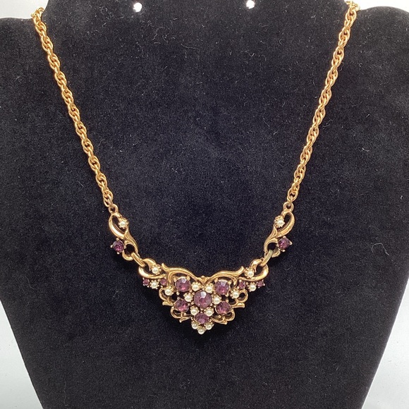 Vintage Jewelry - Vintage Gold-Tone Necklace with Purple Crystal and Pearl Accents